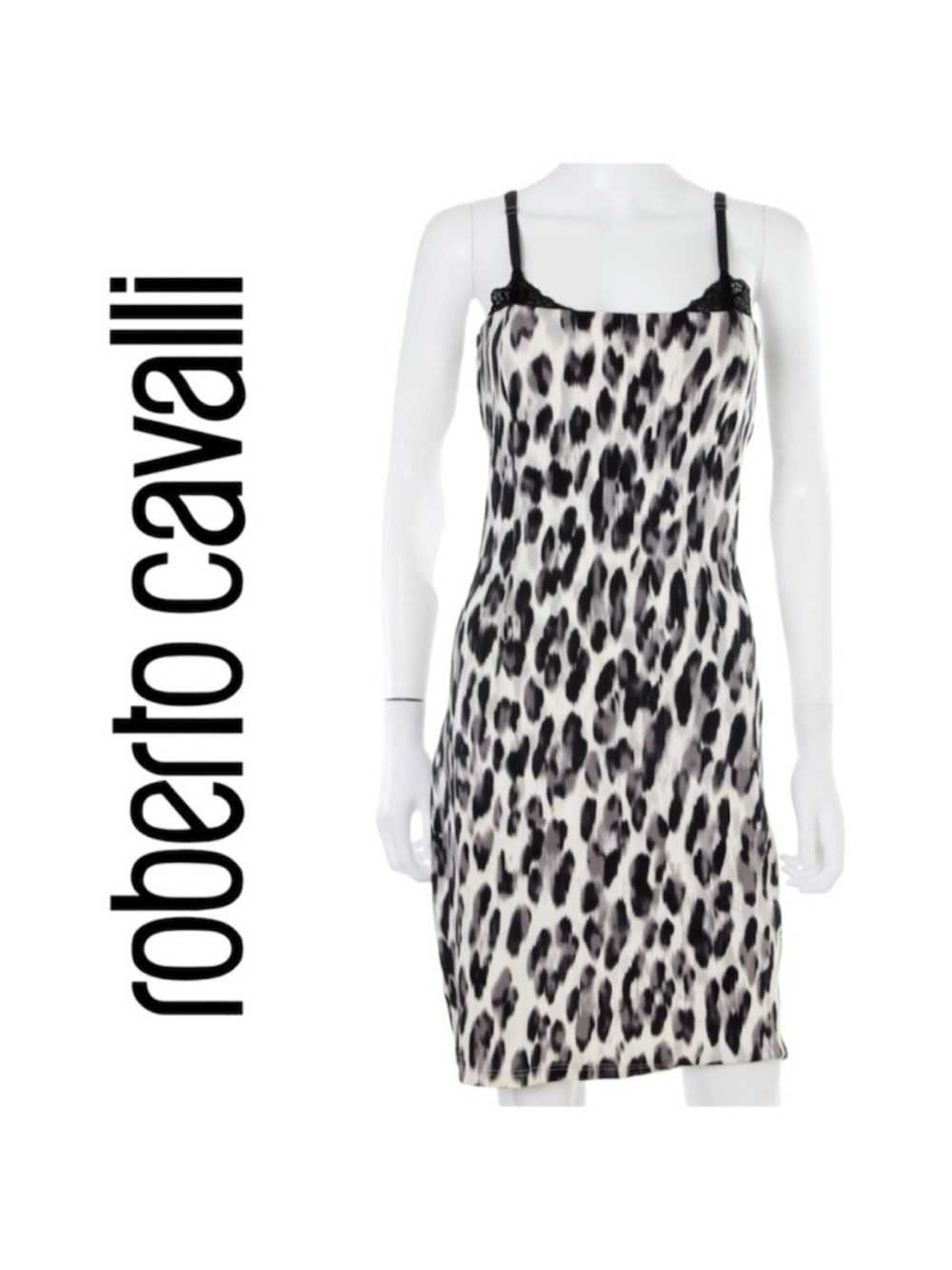 Roberto Cavalli Black and White Leopard-Print Slip Dress Size 8